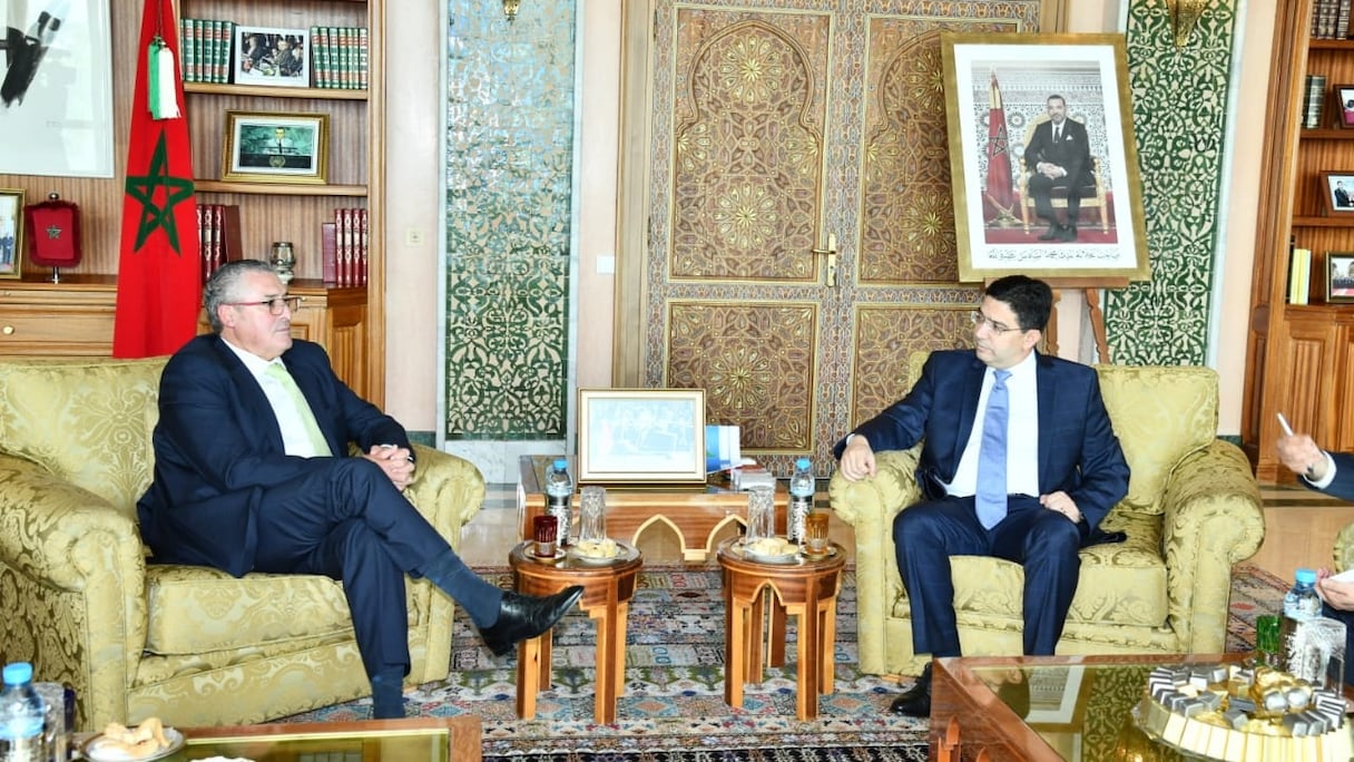  Le président du parlement latino-américain, M. Jorge Pizarro Estéban Soto, avec le ministre des Affaires étrangères, Nasser Bourita. 
