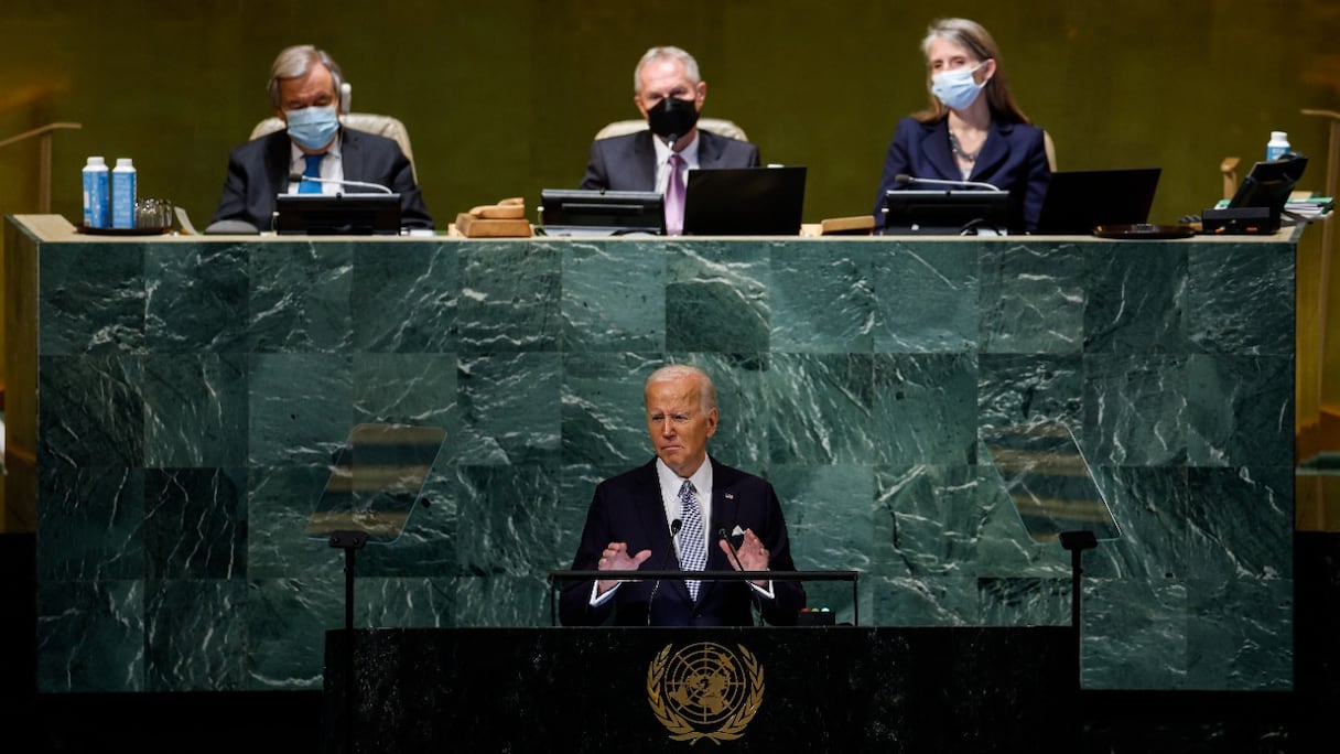 Le président américain Joe Biden prend la parole au cours de la 77e session de l'Assemblée générale des Nations Unies, au siège de l'ONU, le 21 septembre 2022 à New York.
