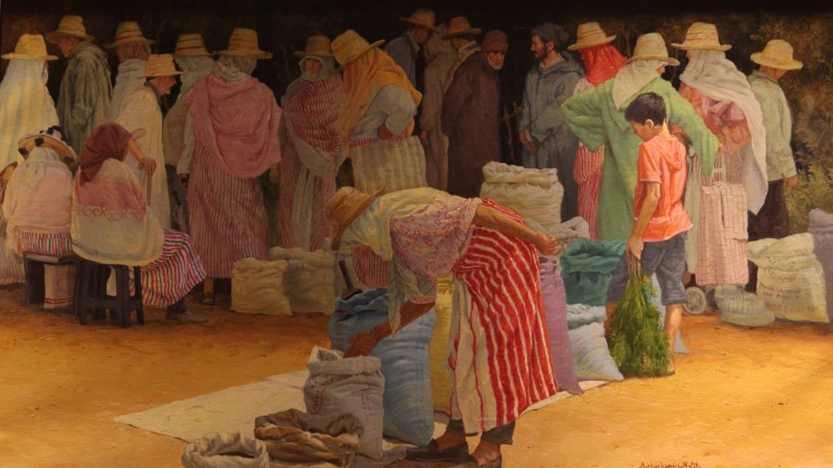 Abdelaziz Charkaoui: un peintre figuratif dont les sujets de prédilection sont les hommes et les femmes du Nord du Maroc, pris dans un quotidien que cet artiste réévalue et enchante par un traitement d’une grande exigence plastique.
