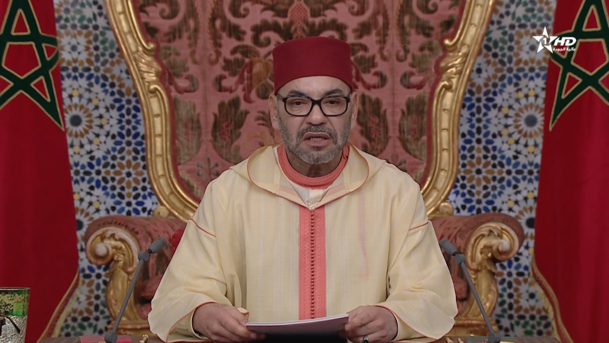 Le Roi Mohammed VI prononce un discours, le 20 août 2022, à l'occasion de la commémoration de la Révolution du Roi et du Peuple.
