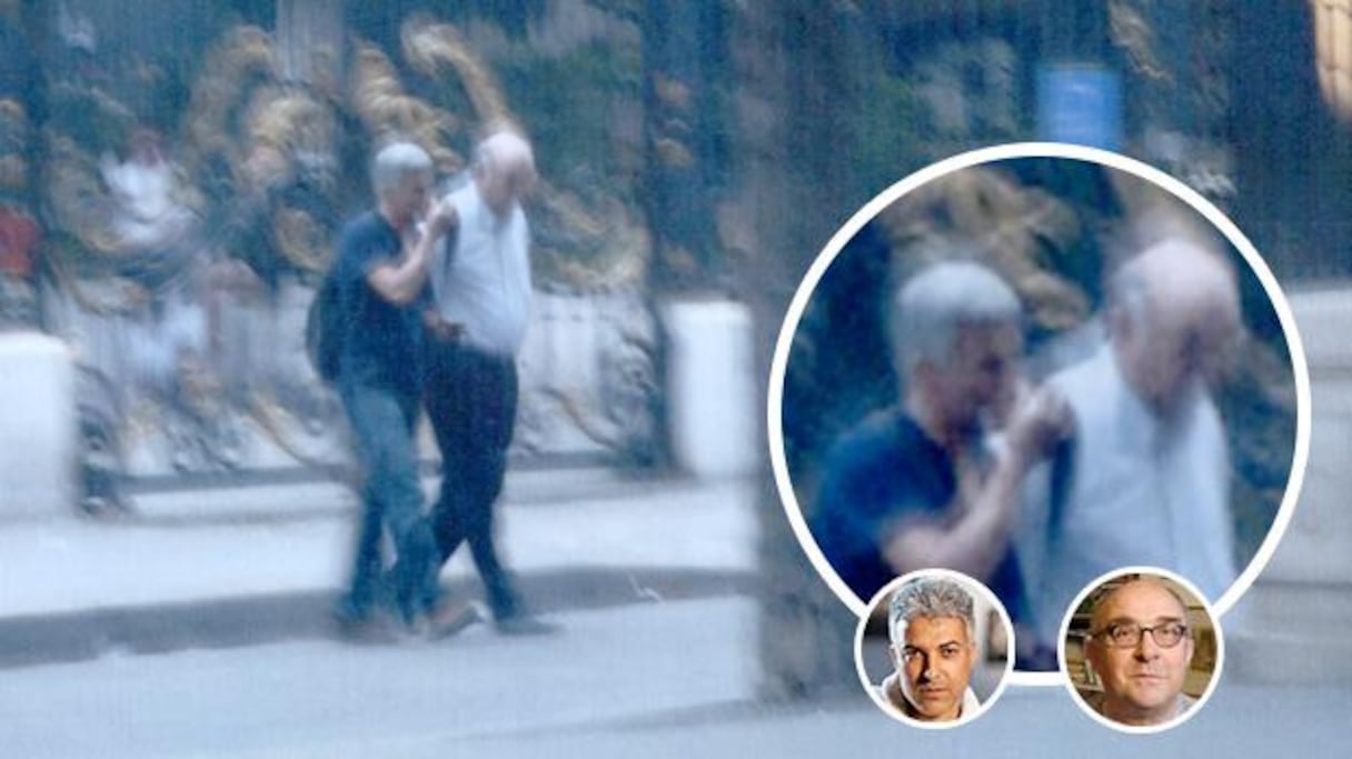 Omar Brousky et Ignace Dalle, à leur sortie de l'hôtel Plaza de Athénée, à Paris le 26 juillet 2013.
