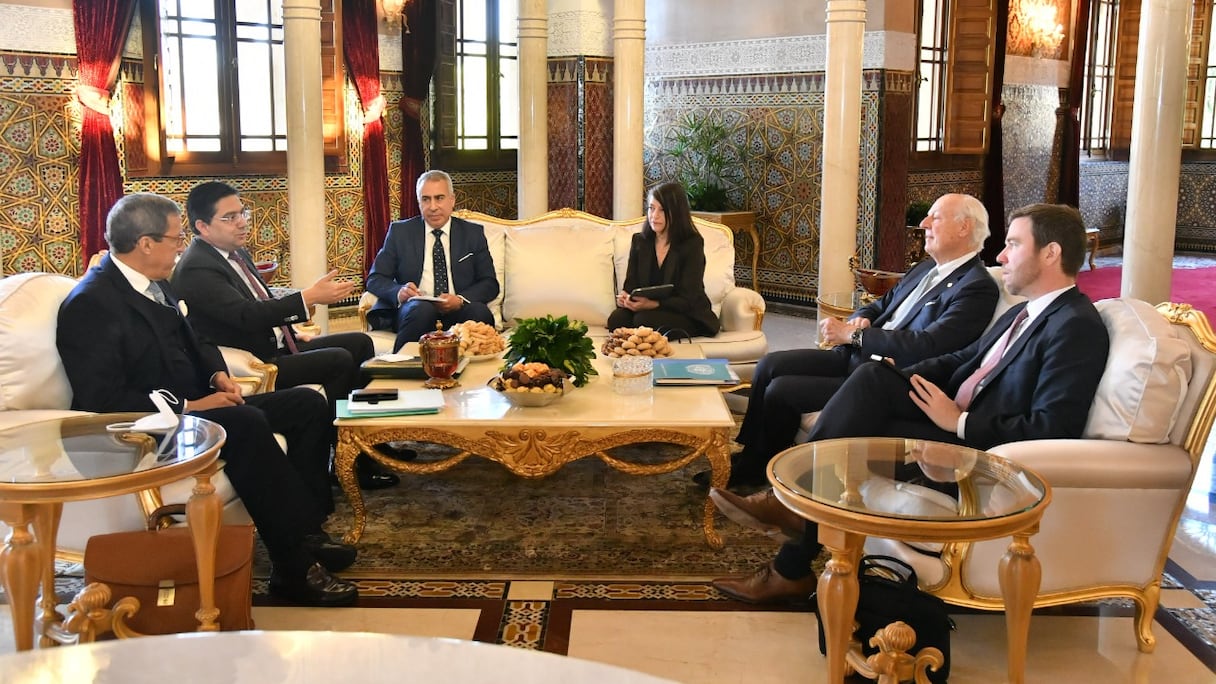 Nasser Bourita recevant à Rabat l’envoyé personnel du Secrétaire général de l’ONU pour le Sahara marocain, Staffan de Mistura. Archives.
