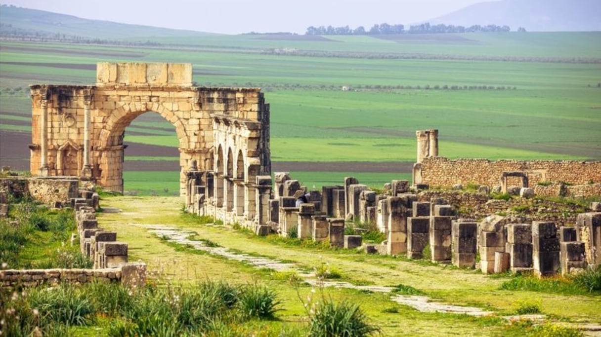 Arc de triomphe de la ville antique de Volubilis, dans la plaine du Saiss. 
