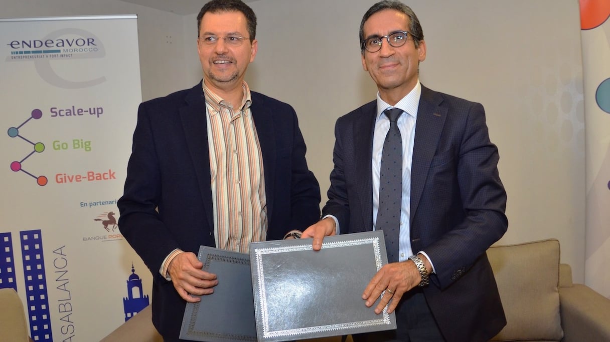 Laïdi El Wardi, directeur général de la banque de détail à la BCP et Mohamed Elmandjra, président d’Endeavor Morocco. 
