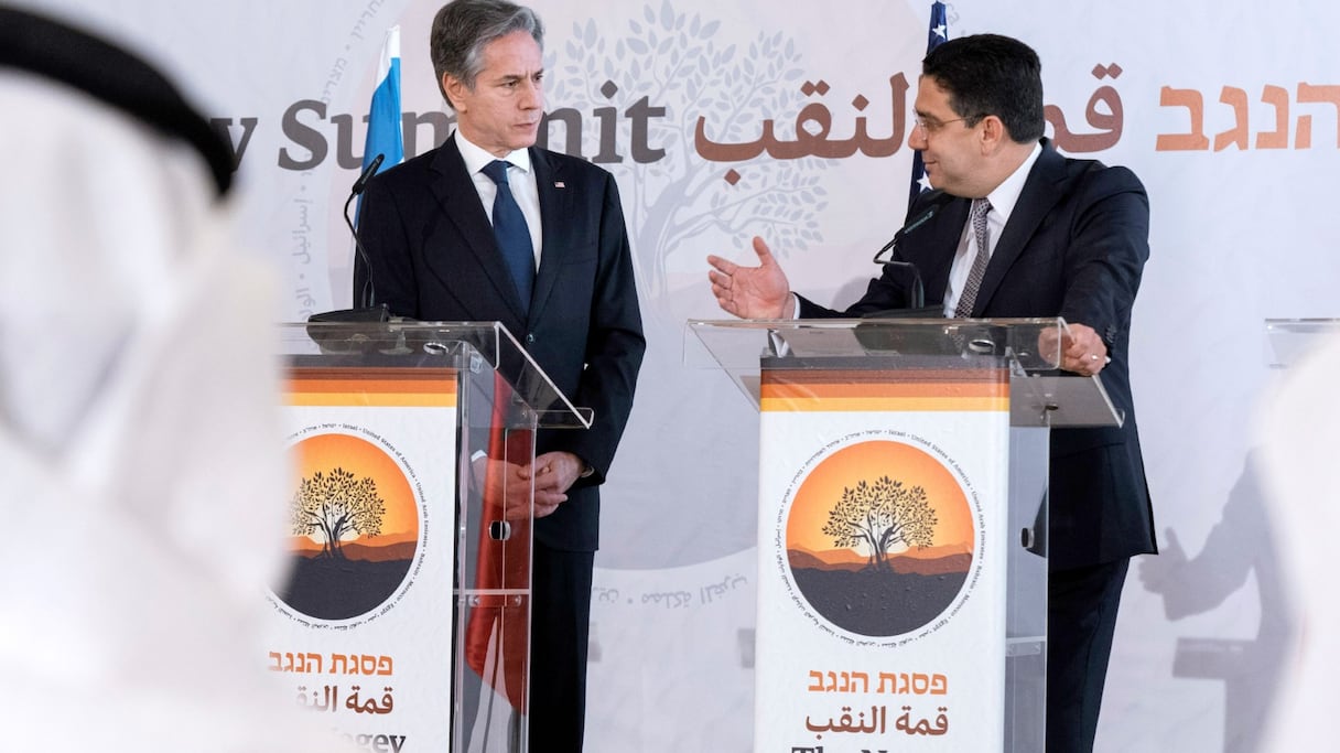 Le secrétaire d'Etat américain, Antony Blinken, et le ministre des Affaires étrangères, Nasser Bourita, lors du Sommet du Néguev, le 28 mars 2022 en Israël.
