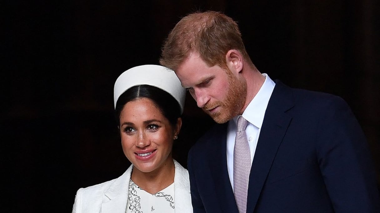 Le prince britannique Harry, duc de Sussex et Meghan, duchesse de Sussex, viennent d'assister à un service du Commonwealth à l'abbaye de Westminster, dans le centre de Londres, le 11 mars 2019. 
