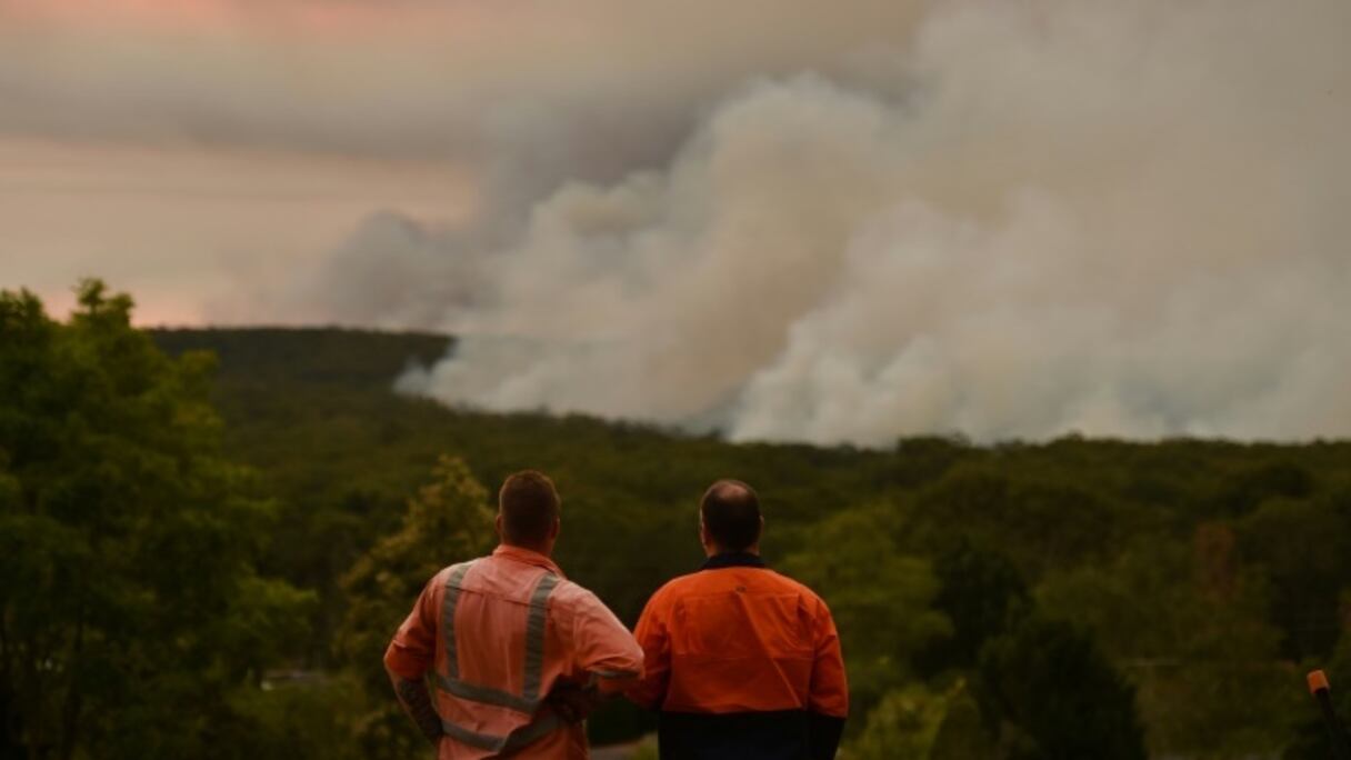 Des habitants constatent la progression des feux à Bargo (environ 150km au sud-ouest de Sydney), le 19 décember 2019.
