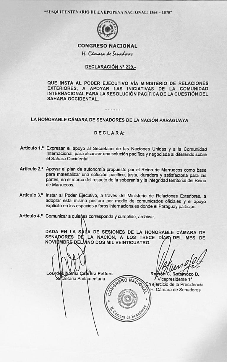 Le texte de la résolution du Sénat du Paraguay sur le Sahara.