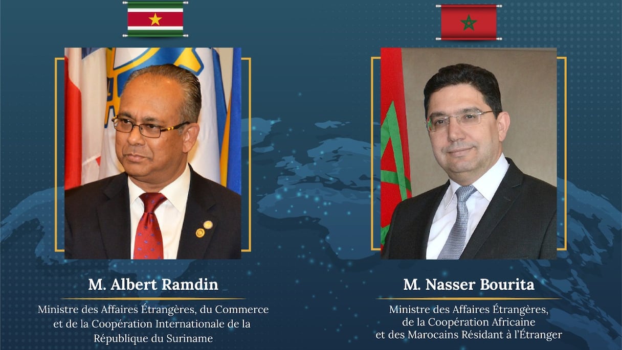 Le ministre des Affaires étrangères, de la Coopération africaine et des Marocains résidant à l'étranger, Nasser Bourita, et le ministre des Affaires étrangères, du Commerce et de la Coopération internationale de la République du Suriname, Albert Ramdin (Photomontage)
