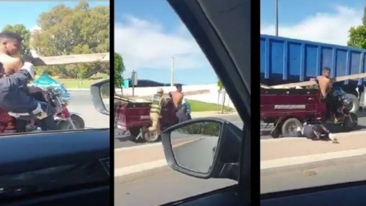 Captures d'écran de scène où des individus à bord d'un triporteur tentaient de fuir les forces de l'ordre à Salé.
