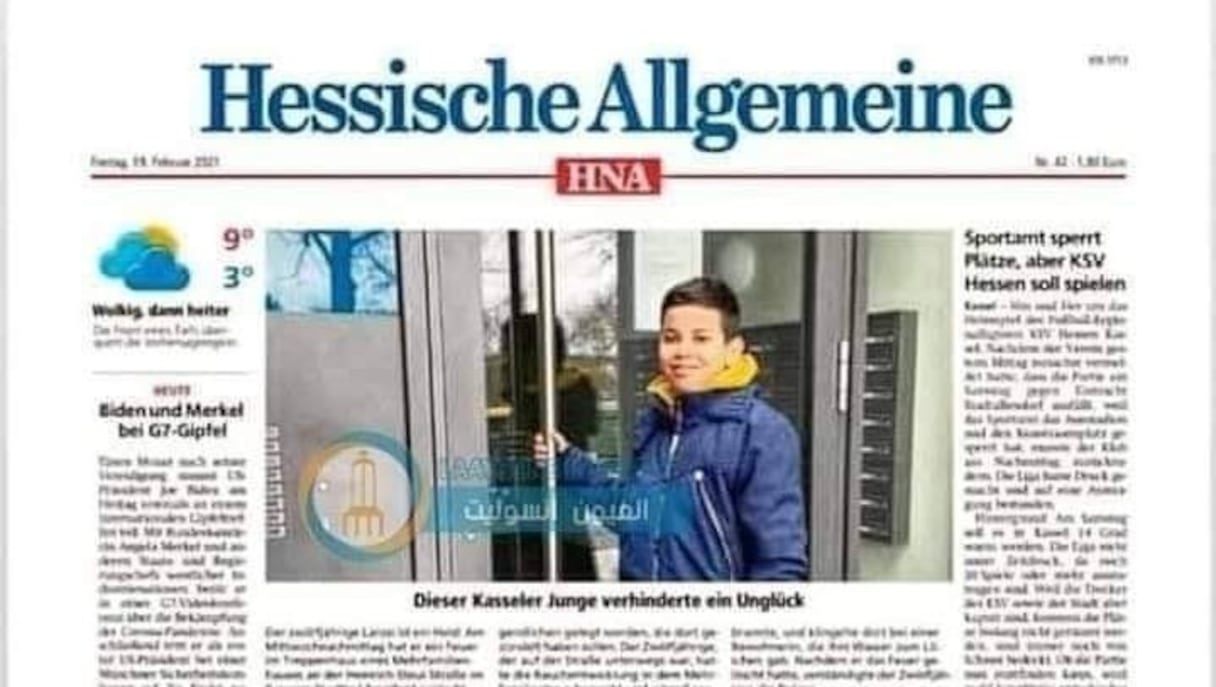 Le jeune Marocain de 12 ans récompensé pour son héroïsme en Allemagne à la Une de la presse locale.
