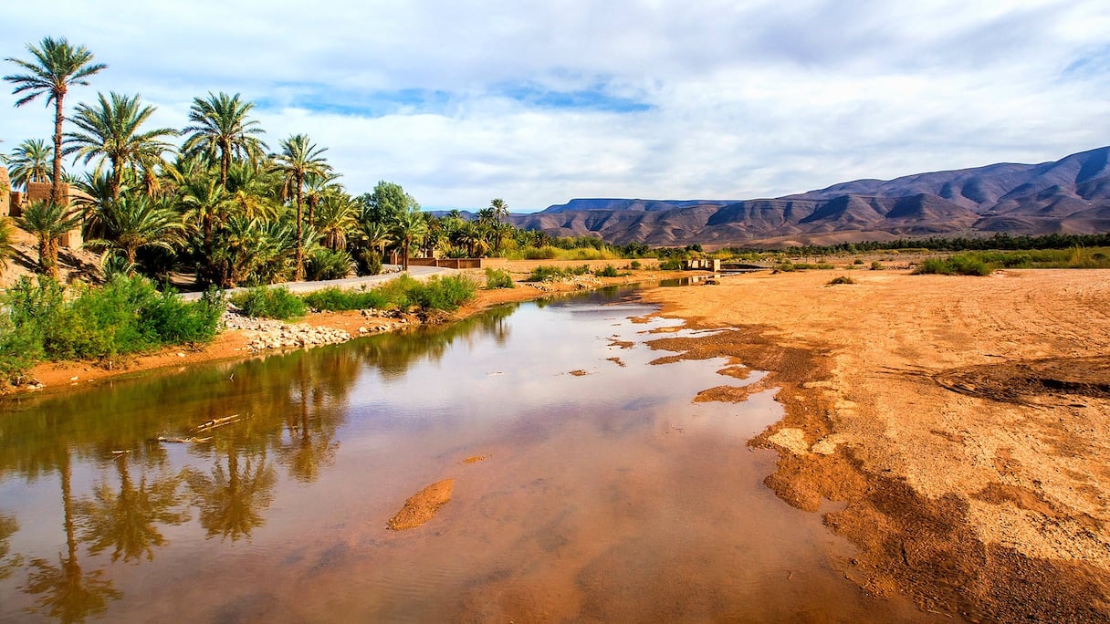 Prenant sa source dans le Haut Atlas, près du mont Toubkal, l’oued Drâa, ici dans une oasis de la vallée du même nom, est le plus long cours d'eau du Maroc: il ne se jette dans l'Atlantique que 1.100 km plus loin, dans le sud marocain.