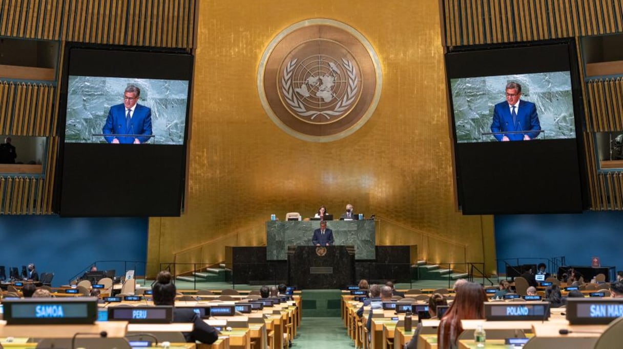 Le Chef du gouvernement, Aziz Akhannouch, s'adresse à la 77e session de l'Assemblée générale des Nations Unies, au siège de l'ONU à New York, le 20 septembre 2022.
