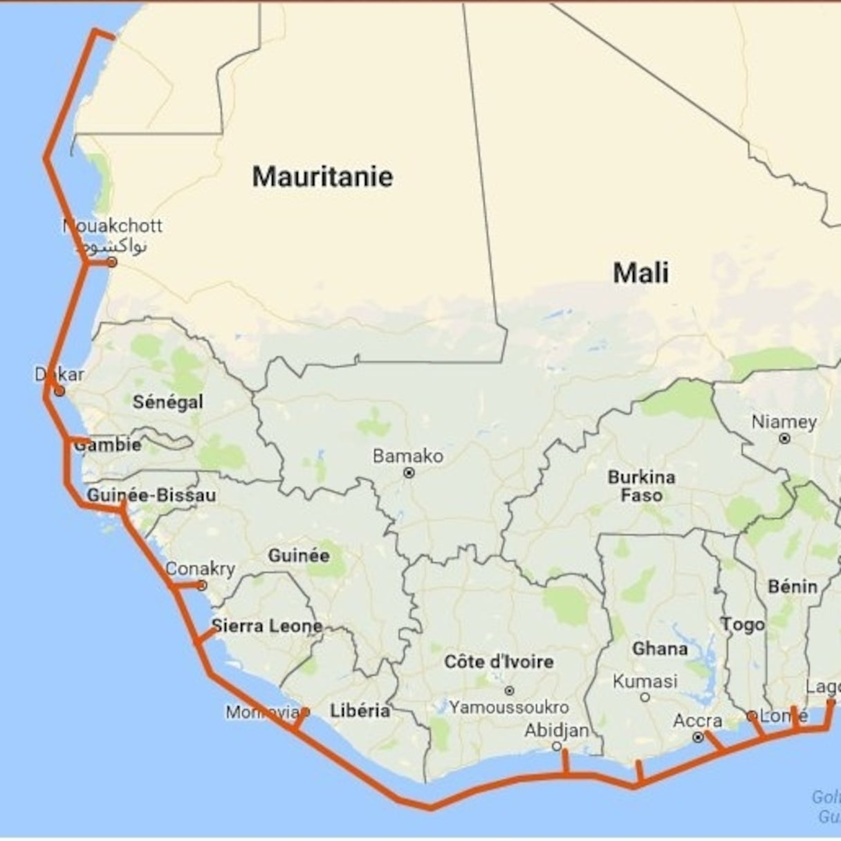 Tracé prévisionnel (non officiel) du gazoduc reliant le Maroc au Nigéria.
