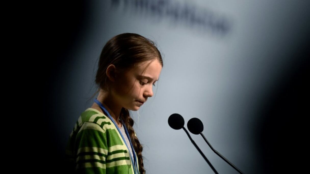 La jeune militante écologiste suédoise Greta Thunberg s'exprime lors d'un événement organisé par l'ONU à la 25e conférence climat à Madrid , le 11 décembre 2019.

