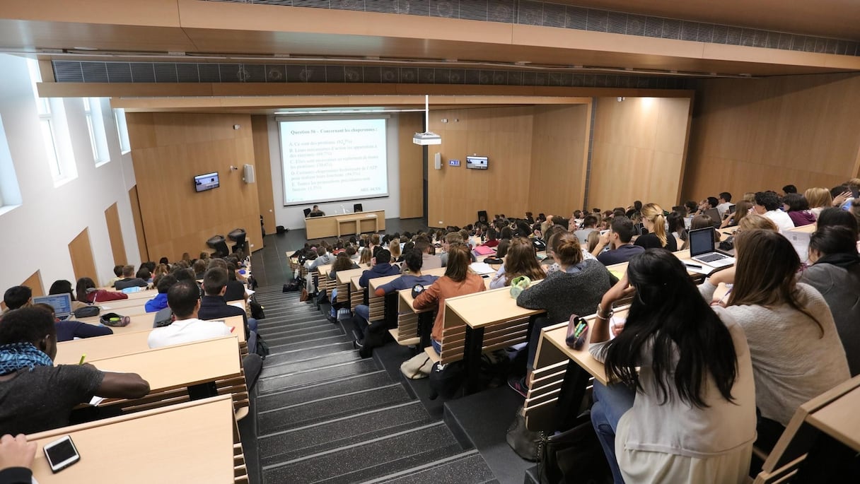 Des étudiants dans un amphithéâtre.
