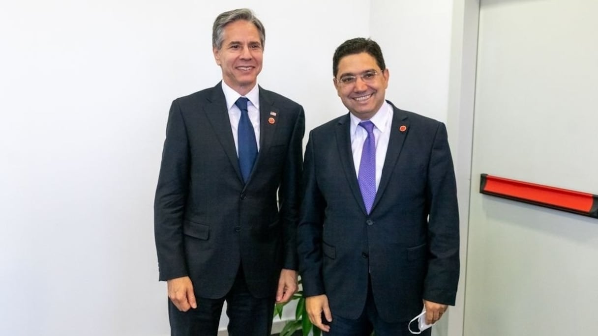 Nasser Bourita, ministre marocain des Affaires étrangères et de la Coopération et Antony Blinken, secrétaire d'Etat américain, à Rome, le 28 juin 2021. 
