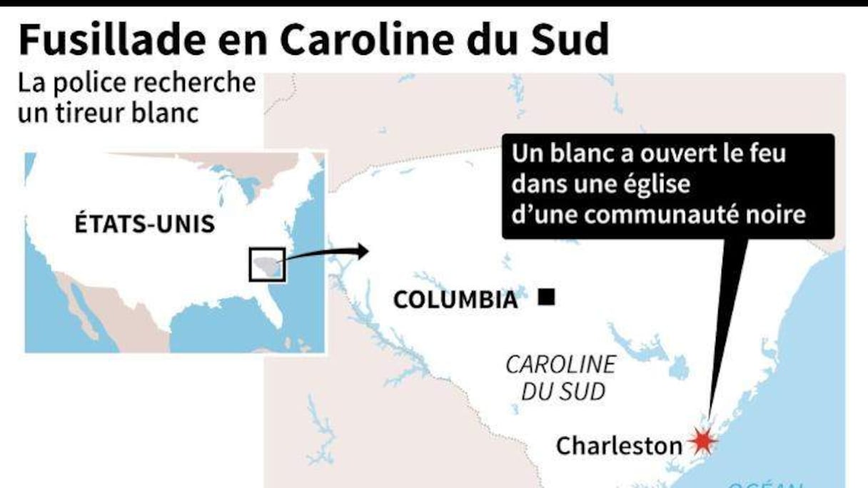 Carte de localisation de Charleston où un tireur blanc a ouvert le feu dans une église de la communauté noire, faisant au moins 9 morts.
