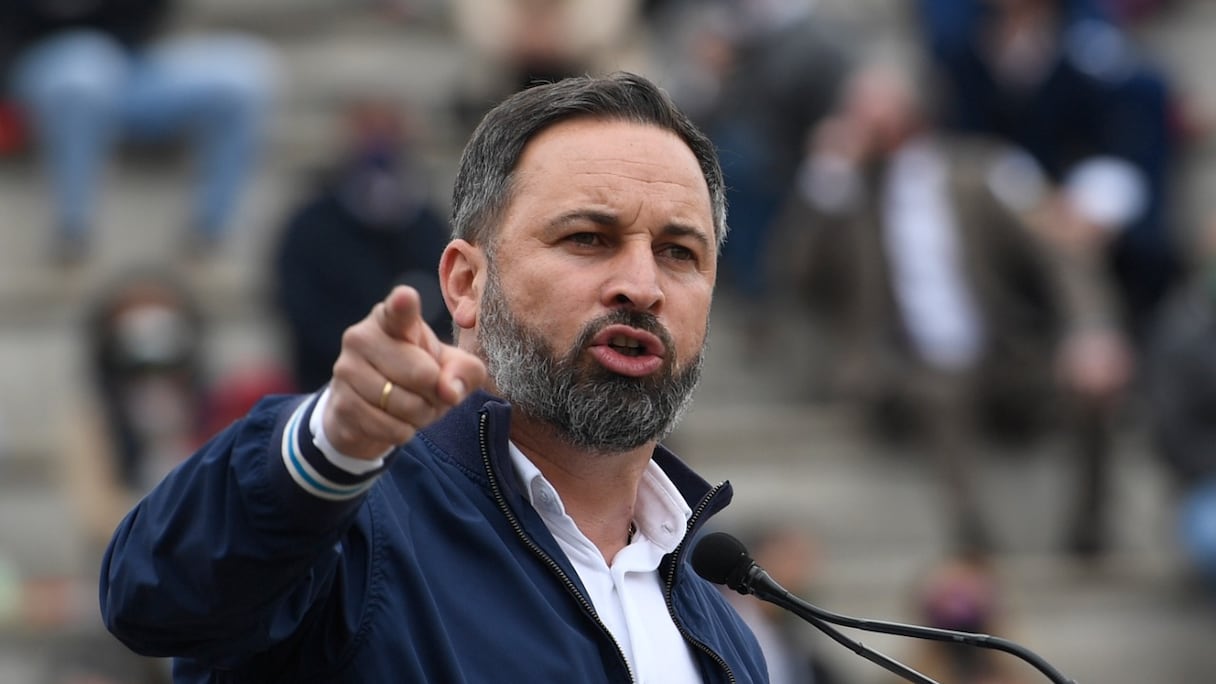 Santiago Abascal, chef du parti espagnol d'extrême-droite Vox, lors d'un meeting de campagne, près de Madrid, le 24 avril 2021.
