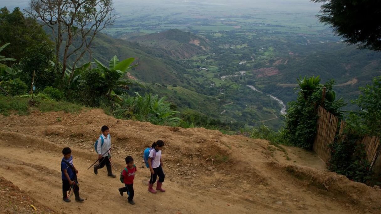 Gari Camayo Pito, 12 ans, sa soeur et ses deux cousins, se rendent à l'école dans le village de Las Guacas, dans la région rurale de Florida, Colombie.
