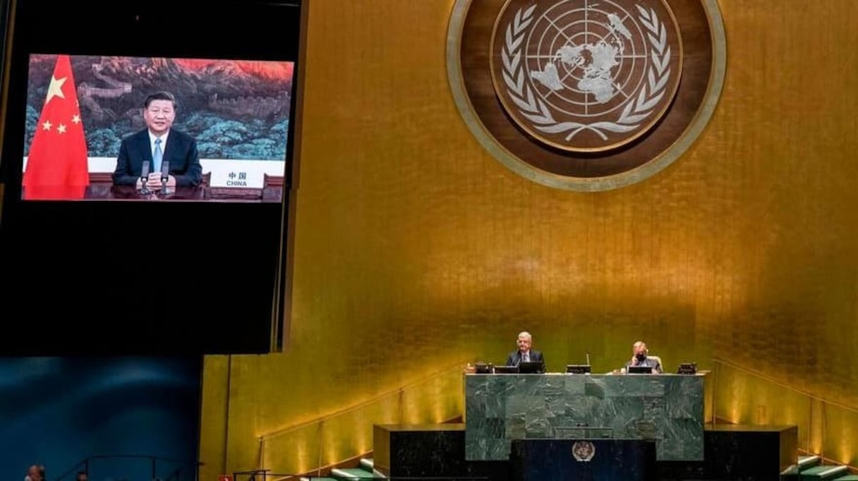 Lors de la retransmission au siège de l'ONU, à New York, de l'allocution du président chinois, Xi Jinping, le 22 septembre 2020. 
