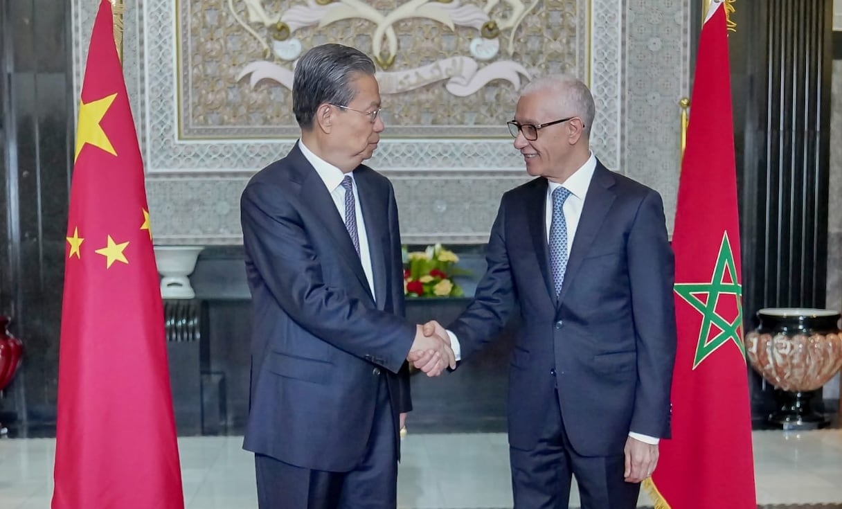 Le président du Comité permanent de l’Assemblée populaire nationale de Chine, Zhao Leji, et le président de la Chambre des représentants, Rachid Talbi Alami, le 12 mai 2023 à Rabat.