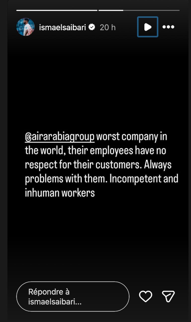 Le post Instagram d'Ismaël Saibari contre Air Arabia.