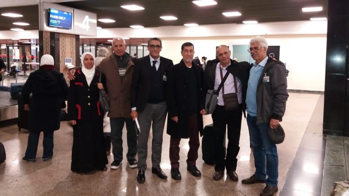 Une délégation du CNDH a accueilli Abdellatif El Idrissi et Abdelmoula El Khentach à l'aéroport Mohammed V de Casablanca, le 2 novembre 2018. 
