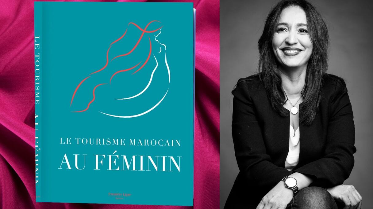 Ahlam Jebbar et la couverture de son livre, «Le Tourisme marocain au féminin».
