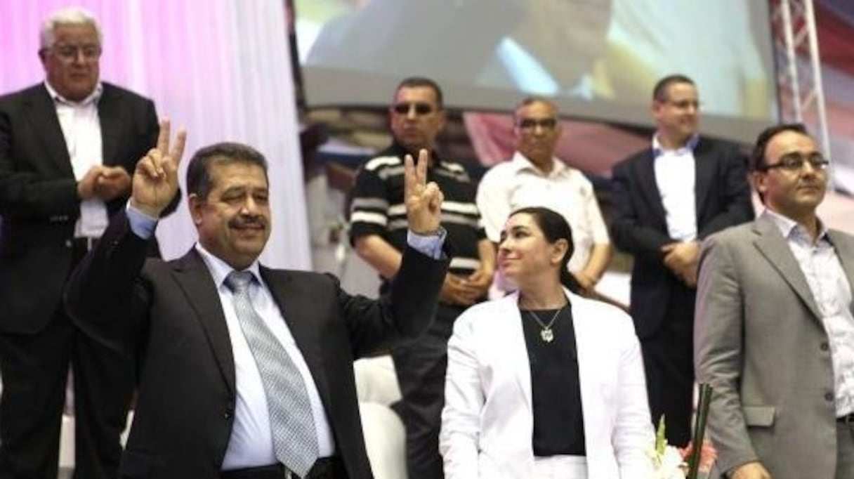 Hamid Chabat, Yasmina Baddou et Karim Ghellab, lors du dernier congrès de l'Istiqlal, le 16 juin 2013 à Casablanca.
