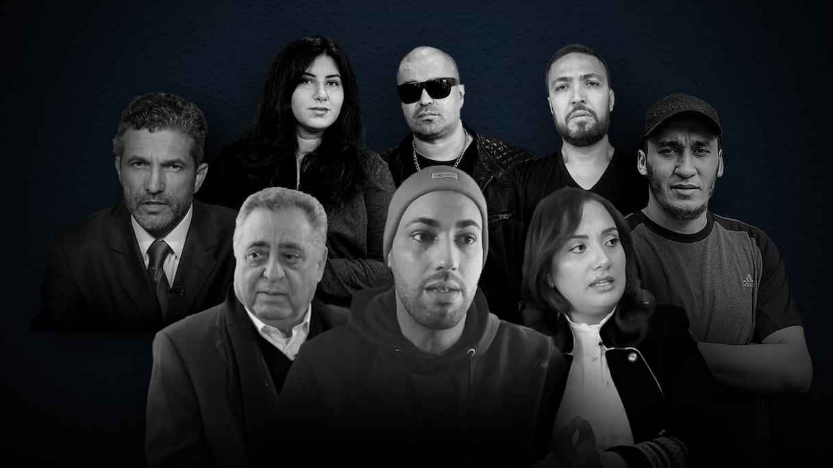 Au centre, au premier plan, le youtubeur Nor Zino alias Anouar Dahmani, entouré de Mohamed Ziane et Wahiba Kharchich. A l'arrière, en partant de la gauche, Said Bensedira, le couple Dounia et Adnane Filali, Zakaria Moumni et Mohamed Hajib.
