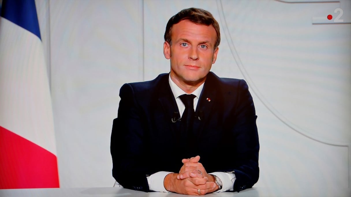 Allocution d'Emmanuel Macron, retransmise à la télévision, le mercredi 28 octobre 2020 au soir. Le président français a annoncé le reconfinement de la population (capture d'écran). 
