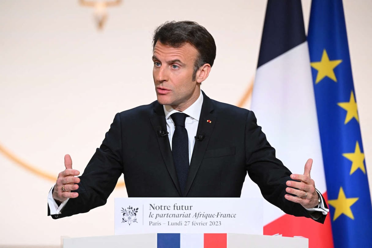 Emmanuel Macron lors de son discours à l'Élysée consacré à la stratégie diplomatique et militaire de la France en Afrique, le 27 février 2023.