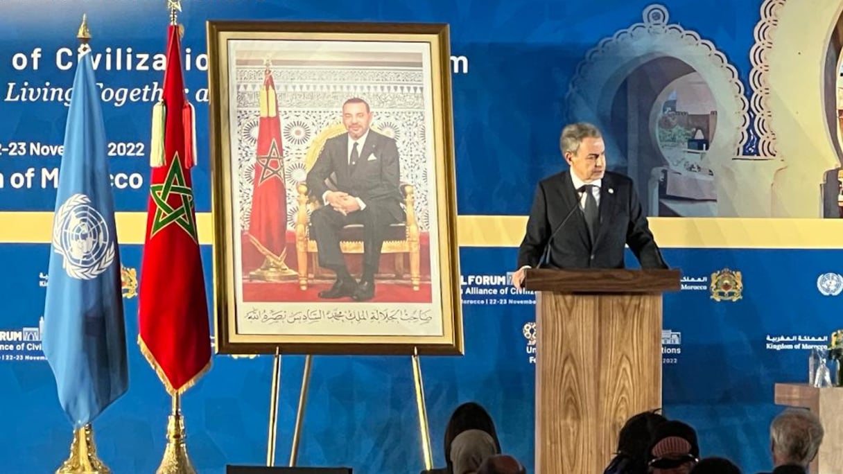 José Luis Rodriguez Zapatero, ancien président du gouvernement espagnol, à l'ouverture du Forum mondial de l’Alliance des civilisations à Fès, le 22 novembre 2022.
