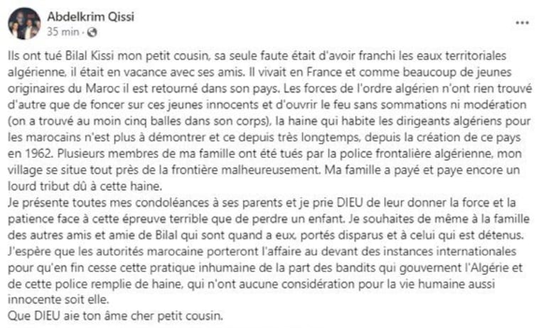 Post facebook de Abdelkrim Qissi, publié suite à la mort de son cousin, Bilal Kissi.