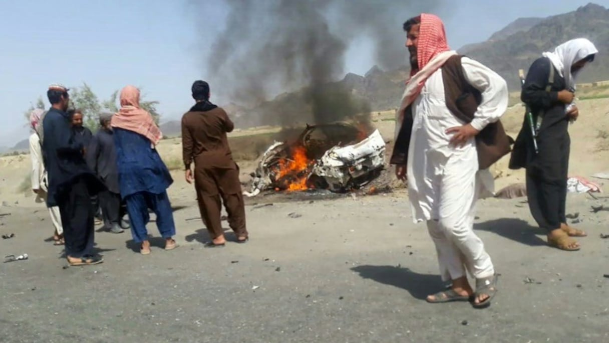 Le véhicule à bord duquel était supposé se trouver le mollah Mansour, frappé par un drone le 21 mai 2016 à Ahmd Wal.
