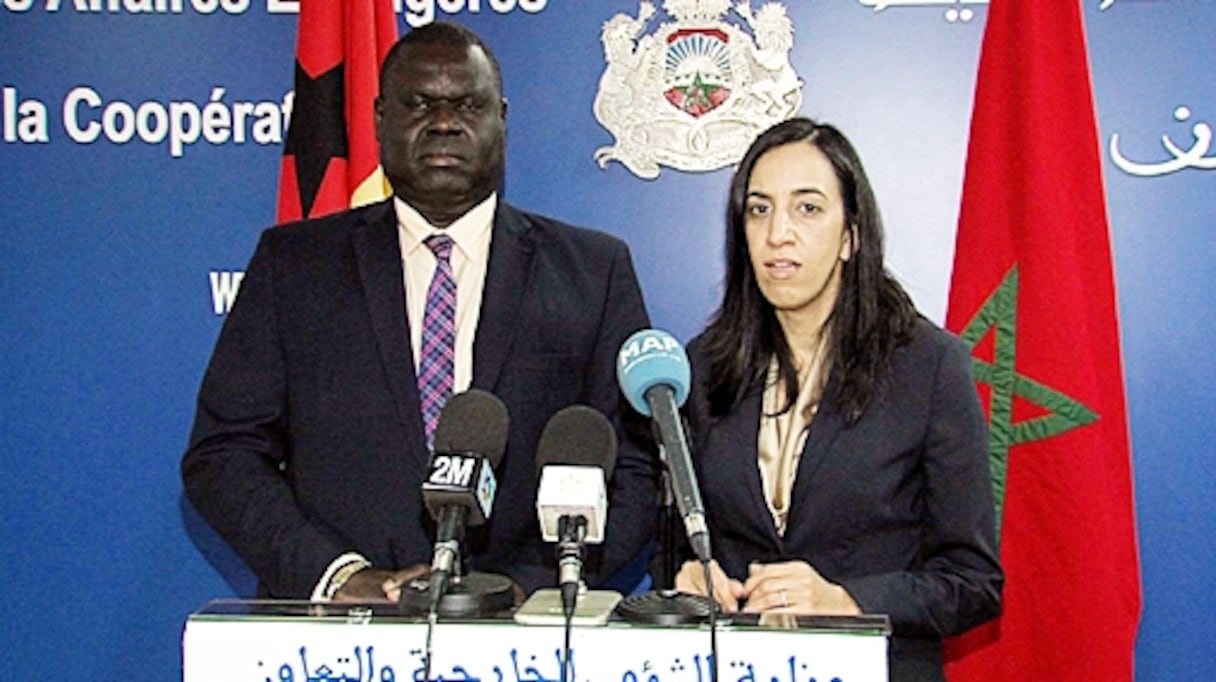 Mbarka Bouaida et Artur Silva, ministre des Affaires étrangères de la Guinée-Bissau, au point de presse vendredi 8 avril à Rabat
