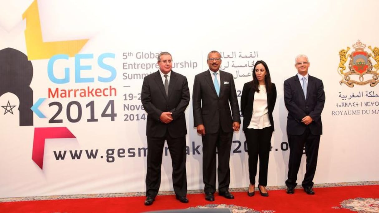 Les représentants de l'organisation de la 5e édition du GES: Salaheddine El Kadmiri, vice-président de la CGEM, Dwight L. Bush, ambassadeur des Etats-Unis au Maroc, M'Barka Bouaida, ministre déléguée aux Affaires étrangères, et Nizar Baraka, président du CESE.
