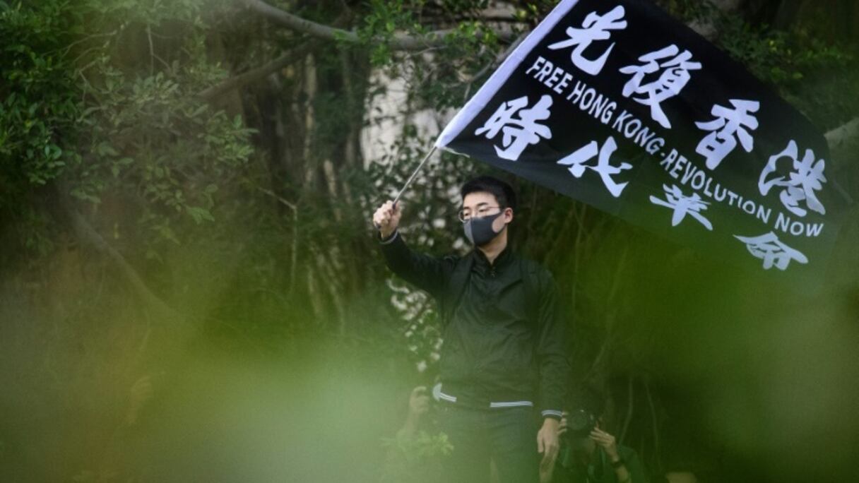 Un jeune homme brandit un drapeau "Hong Kong libre - la révolution maintenant" durant une manifestation à Hong Kong, le 2 décembre 2019.
