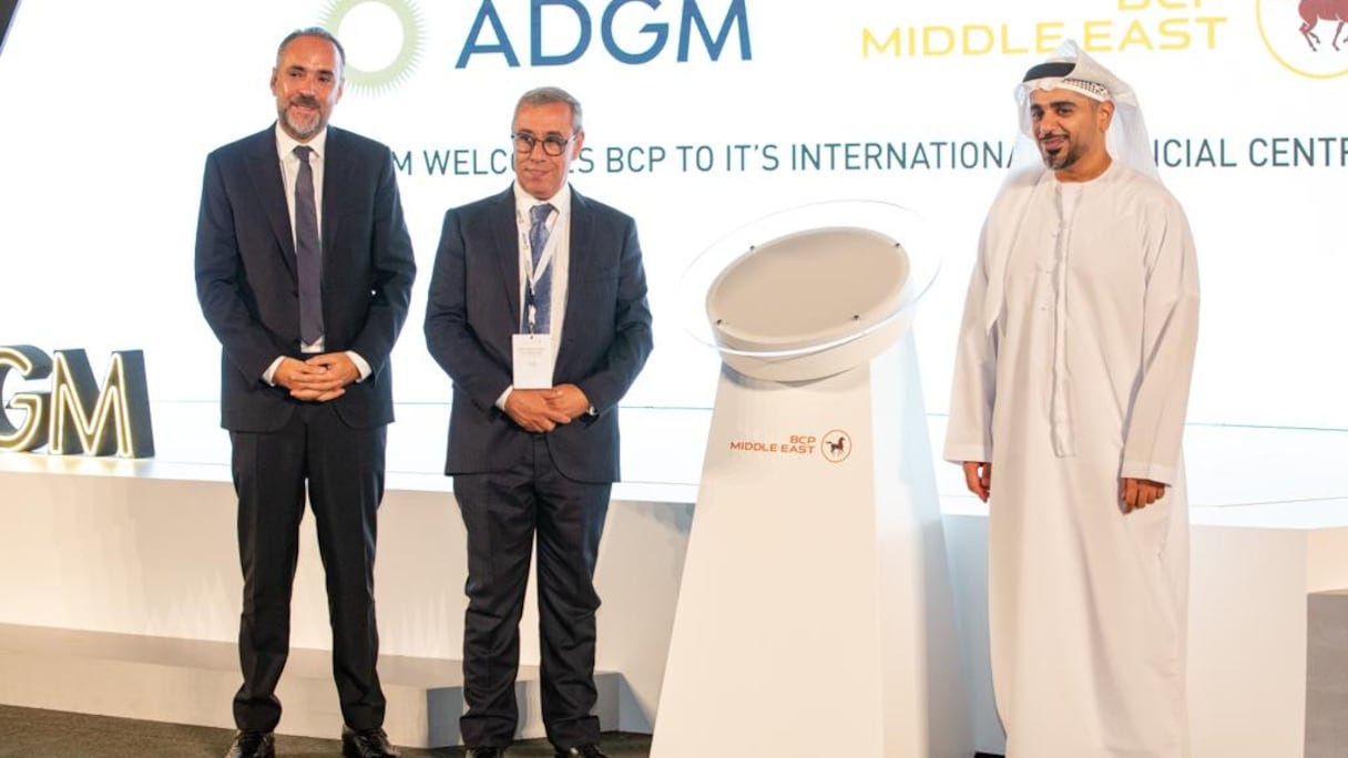 Mohamed Karim Mounir, président du groupe BCP et Kamal Mokdad, directeur général BCP & International lors de l'inauguration de BCP Middle east, lundi 17 octobre 2022 à Abu Dhabi. 
