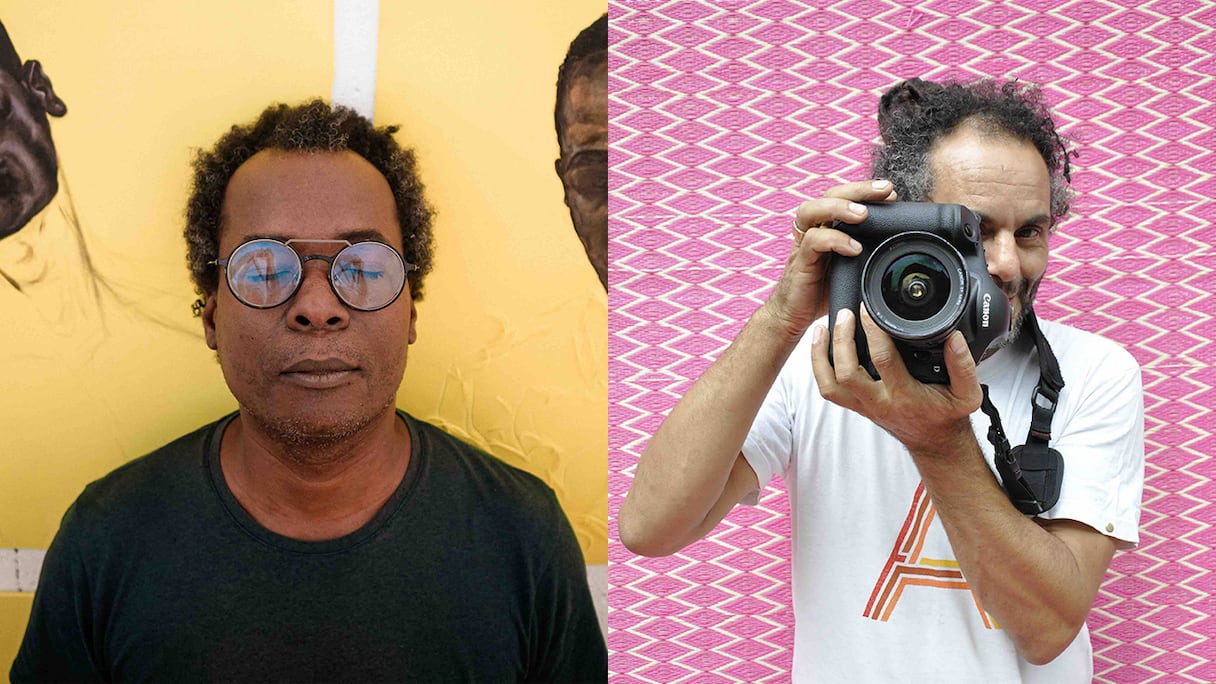 Les artistes M’barek Bouhchichi (à gauche) et Hassan Hajjaj explorent les possibilités de la figuration, chacun selon un médium et un univers plastique différents.
