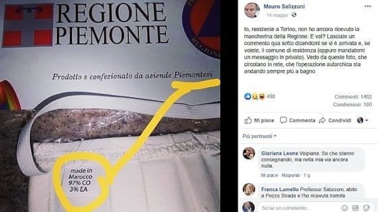 Post facebook pour dénoncer des masques italiens "Made in Morroco"
