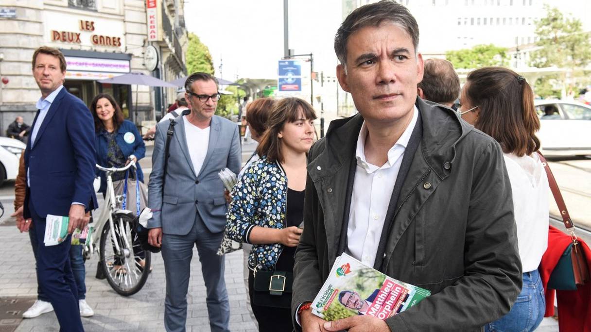Olivier Faure, premier secrétaire du Parti socialiste français, est venu soutenir Matthieu Orphelin, député, co-président du groupe parlementaire "Ecologie, Démocratie, Solidarité", candidat aux régionales dans le Pays-de-la-Loire, à Nantes, le 24 juin 2021. 
