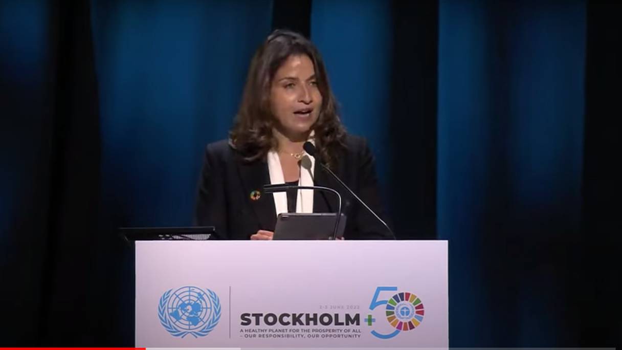 La ministre de la Transition énergétique et du Développement durable, Leila Benali, lors de la Conférence internationale sur l'environnement «Stockholm+50», qui s'est tenue les 2 et 3 juin 2022, dans la capitale suédoise. 
