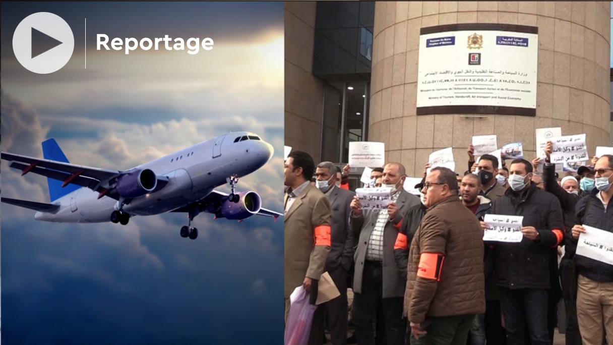 Les agences de voyages on tenu un sit-in devant le ministère du Tourisme à Rabat, mardi 4 janvier 2022, et appelé à la reprise des liaisons aériennes.
